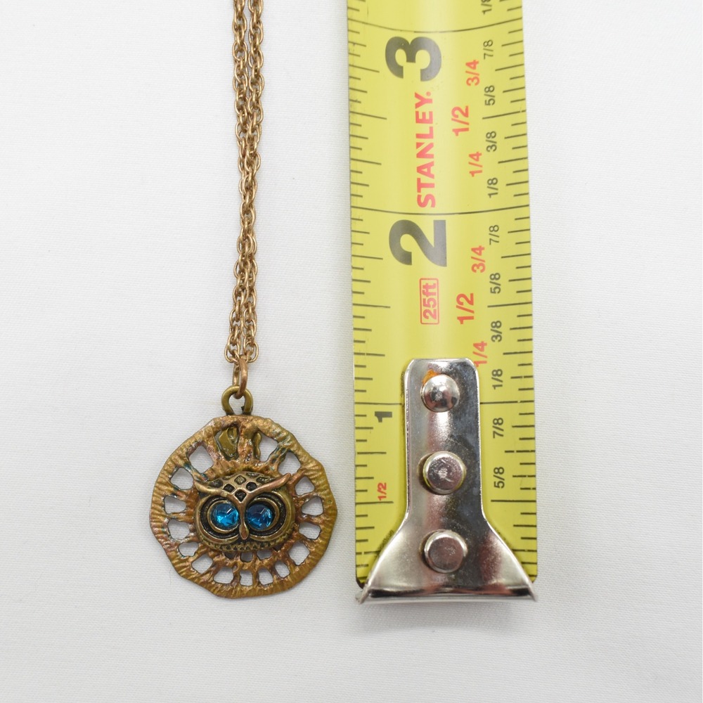Woodland Owl Pendant Necklace Gold Blue Teal Eyes Whimsical Bohemian Indie Y2K - Picture 6 of 6